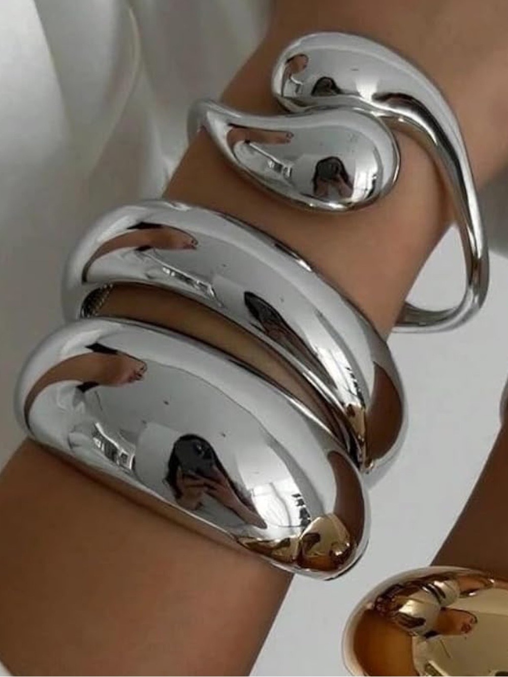 Silver Sculptural Cuff Bracelet Set #Chunky Statement Bangles #Modern Minimalist